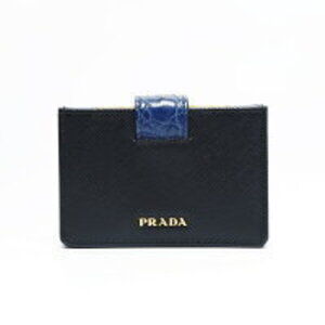 PRADA Compact Wallet Saffiano Crocodile Leather Card Case Black